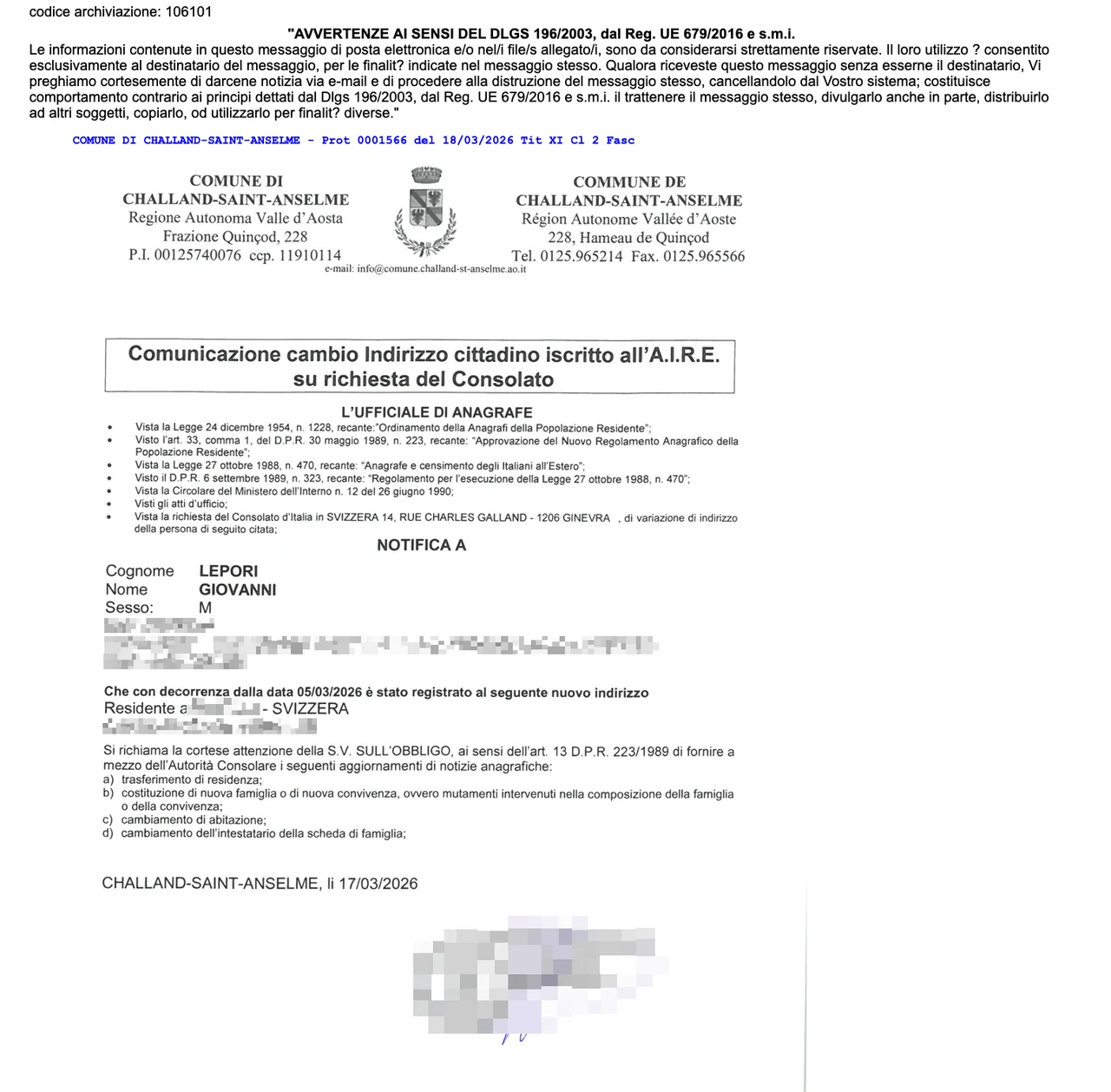 Comunicazione AIRE ricevuta dal Comune di Challand-Saint-Anselme (Valle d'Aosta): conferma dell'iscrizione all'AIRE dal consolato di Ginevra