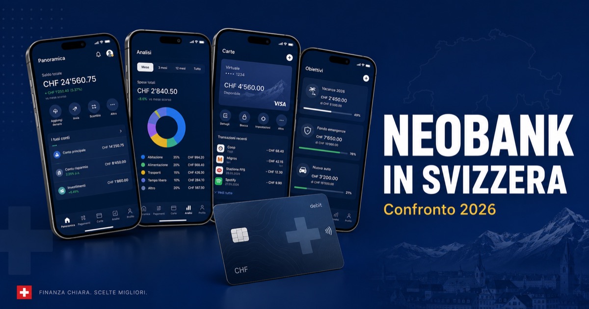 Confronto neobank svizzere 2026: Neon, Revolut, Wise, Zak, Alpian, Yuh
