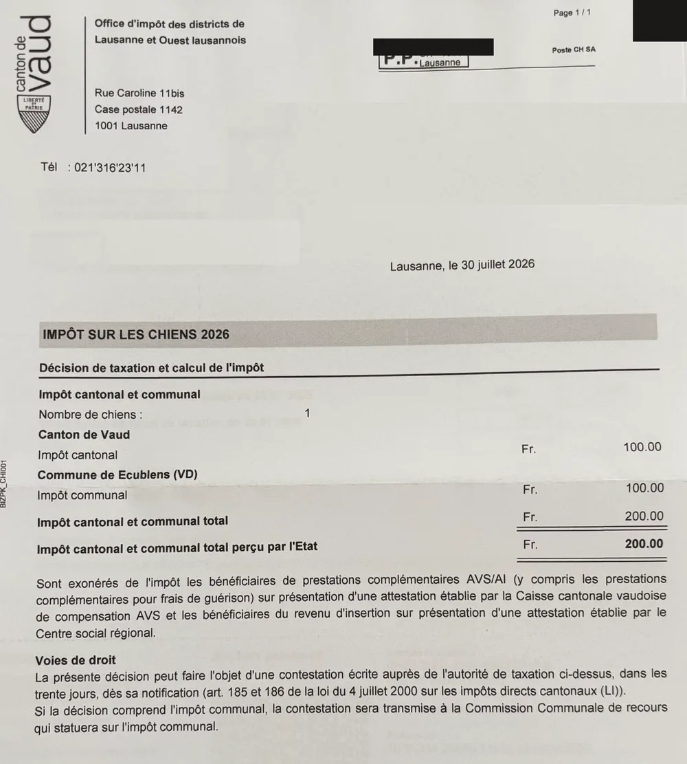 Decisione di tassazione dell'Office d'impôt des districts de Lausanne et Ouest lausannois: imposta sui cani 2026, 100 CHF di imposta cantonale del Canton Vaud più 100 CHF di imposta comunale del Comune di Ecublens, totale 200 CHF