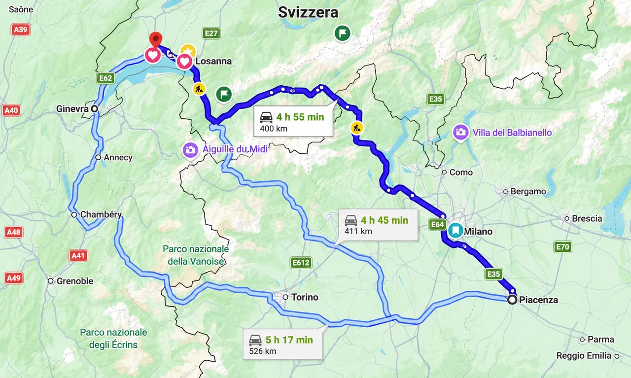 I tre percorsi principali da Piacenza a Losanna: Sempione, Gran San Bernardo e via Francia