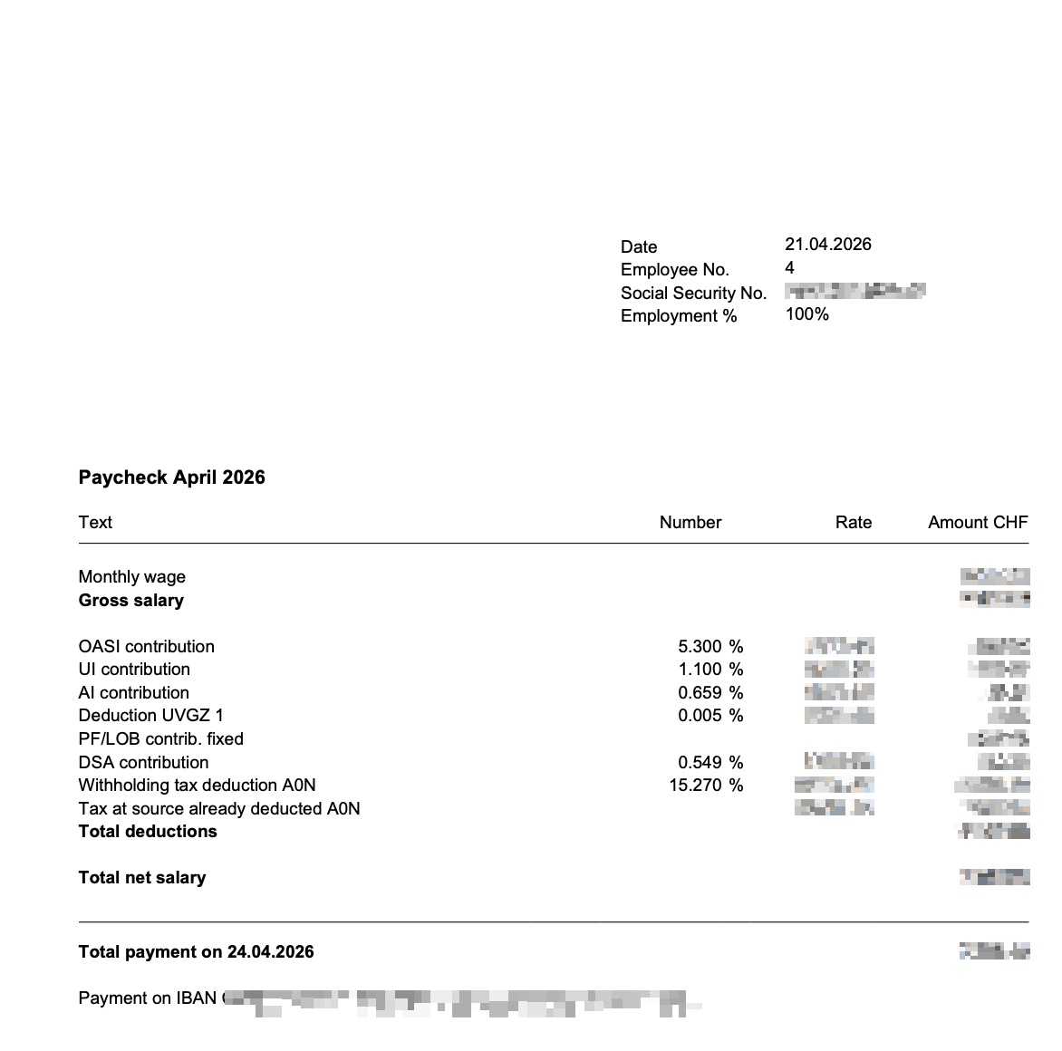 Busta paga svizzera reale: payslip aprile 2026 con le aliquote effettive