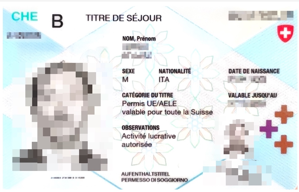 Esempio di permesso B svizzero su carta plastificata: Titre de Séjour UE/AELE